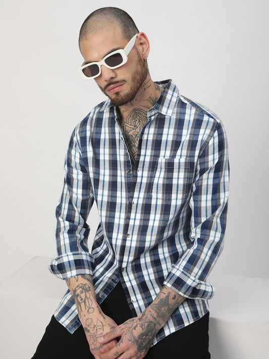 Grey & Navy Plaid Checks Corduroy Shirt