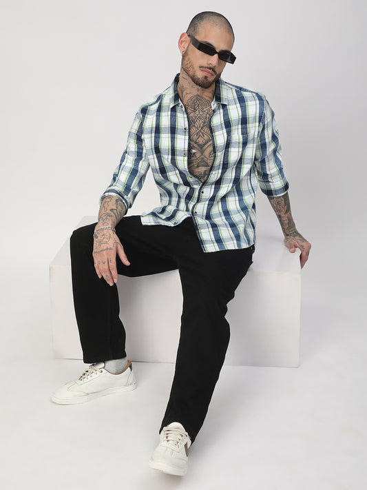 Denim Green & Navy Plaid Checks Shirt