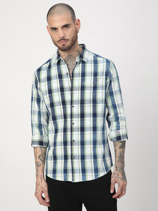 Denim Green & Navy Plaid Checks Shirt
