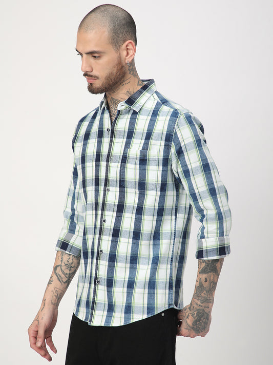 Denim Green & Navy Plaid Checks Shirt