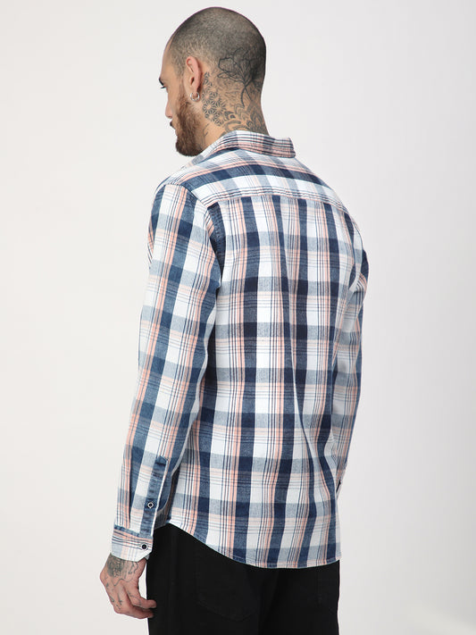 Denim Peach & Navy Plaid Checks Shirt
