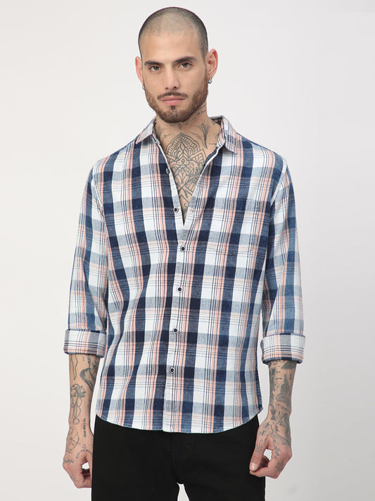 Denim Peach & Navy Plaid Checks Shirt
