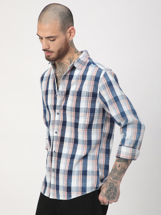 Denim Peach & Navy Plaid Checks Shirt