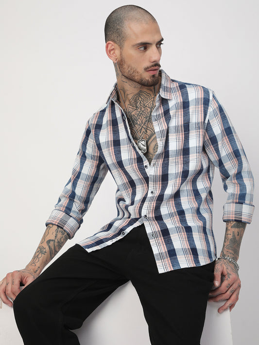 Denim Peach & Navy Plaid Checks Shirt