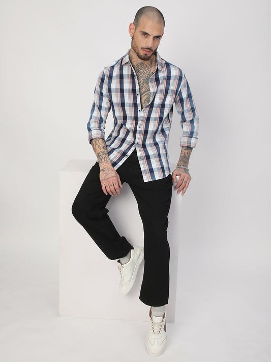 Denim Peach & Navy Plaid Checks Shirt