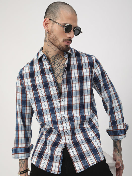 Denim Brown & Navy Plaid Checks Shirt