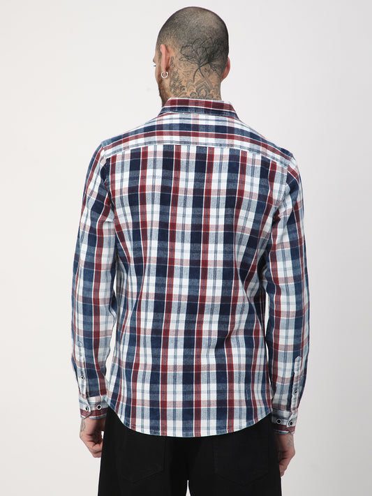Denim Red & Navy Plaid Checks Shirt