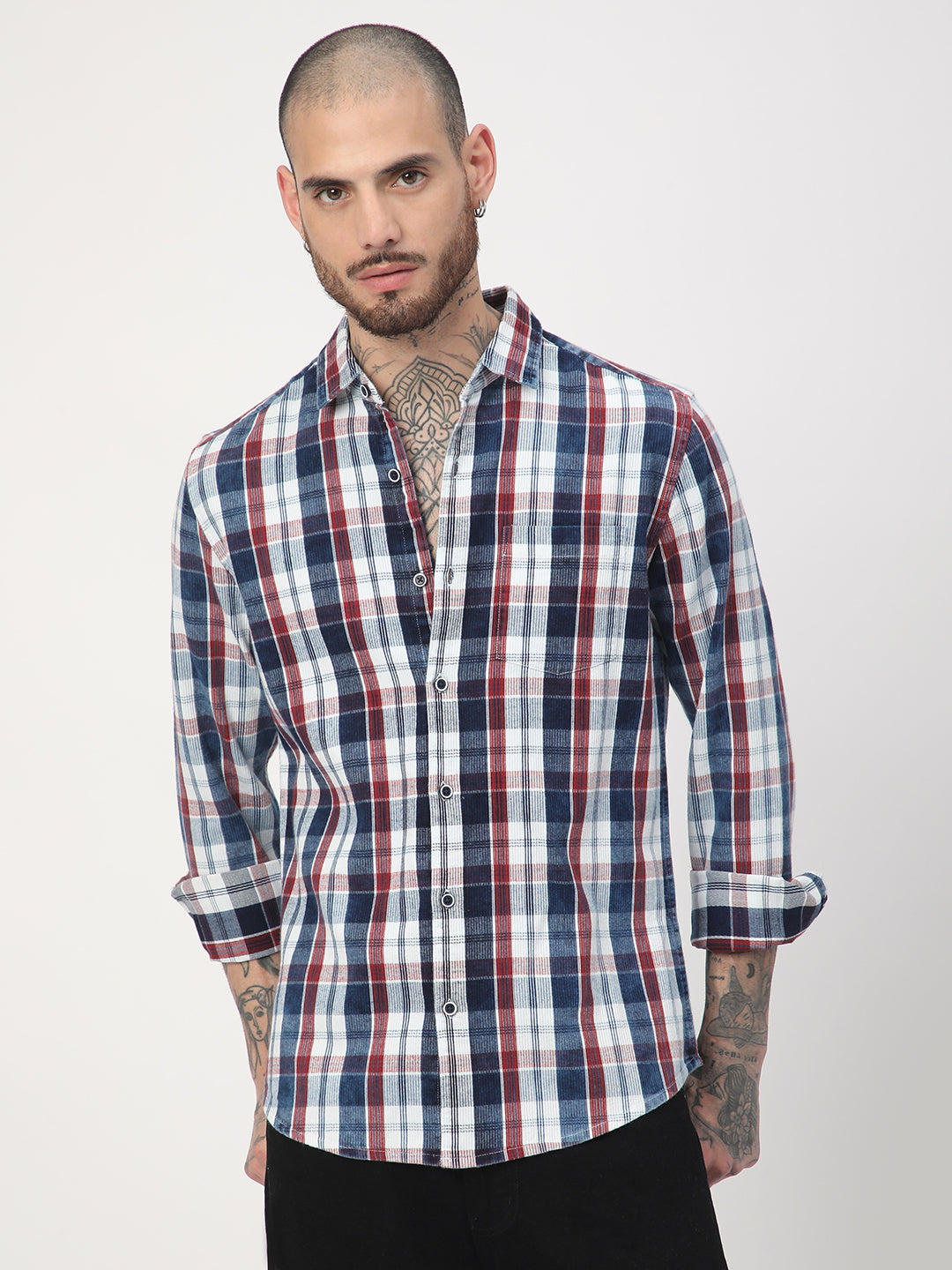 Denim Red & Navy Plaid Checks Shirt