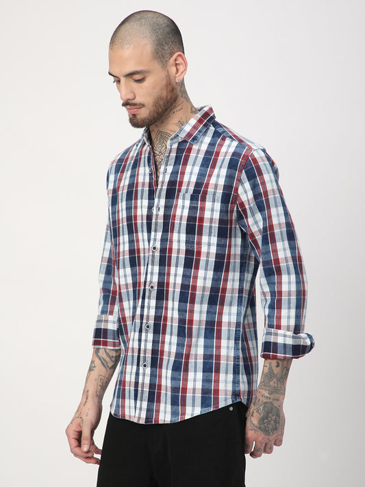 Denim Red & Navy Plaid Checks Shirt