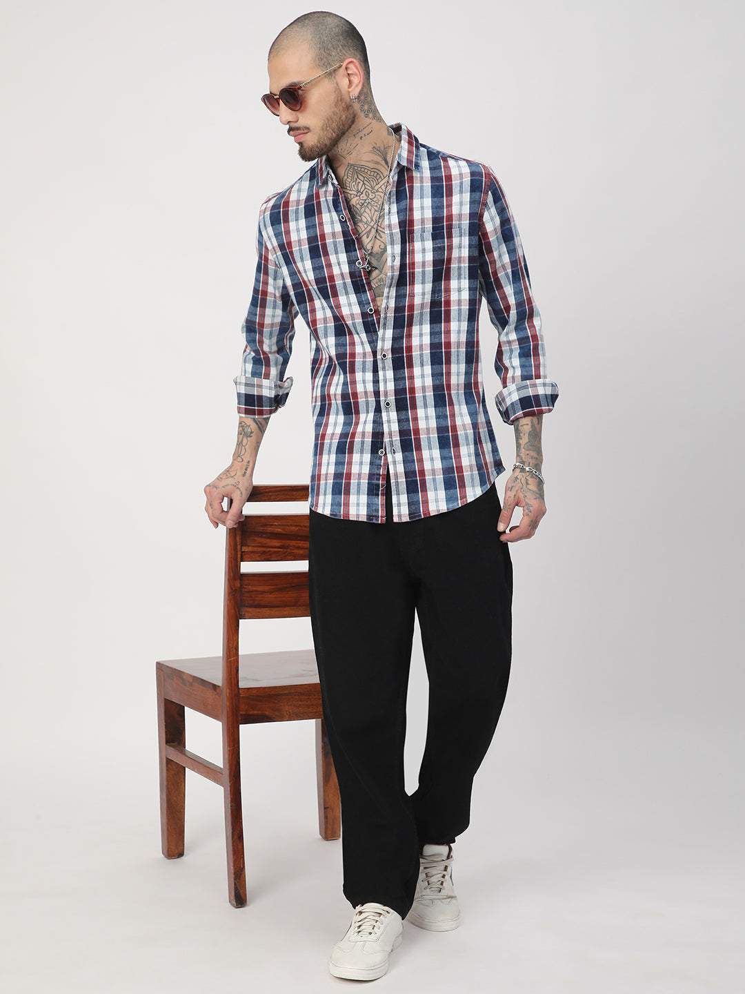 Denim Red & Navy Plaid Checks Shirt