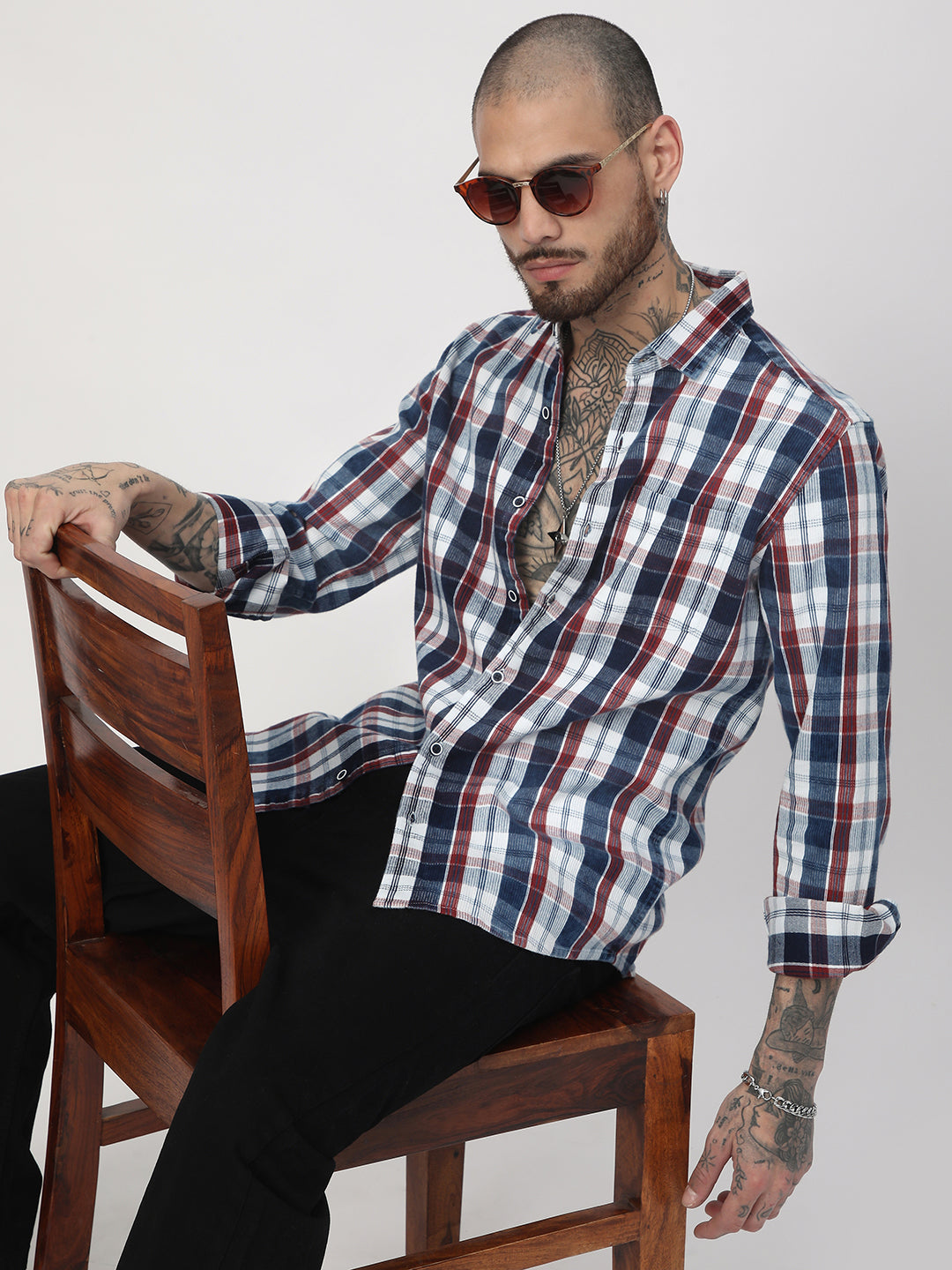 Denim Red & Navy Plaid Checks Shirt