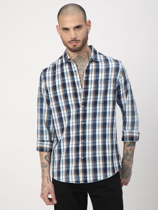 Denim White & Navy Plaid Checks Shirt