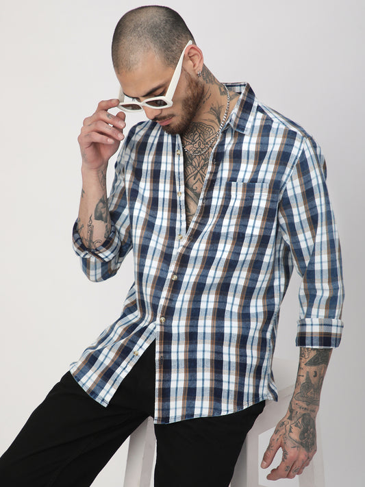 Denim White & Navy Plaid Checks Shirt