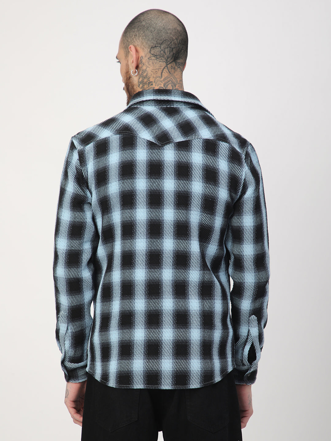 Black & Ice Blue Heavy Twill Checks Double Pocket Shirt