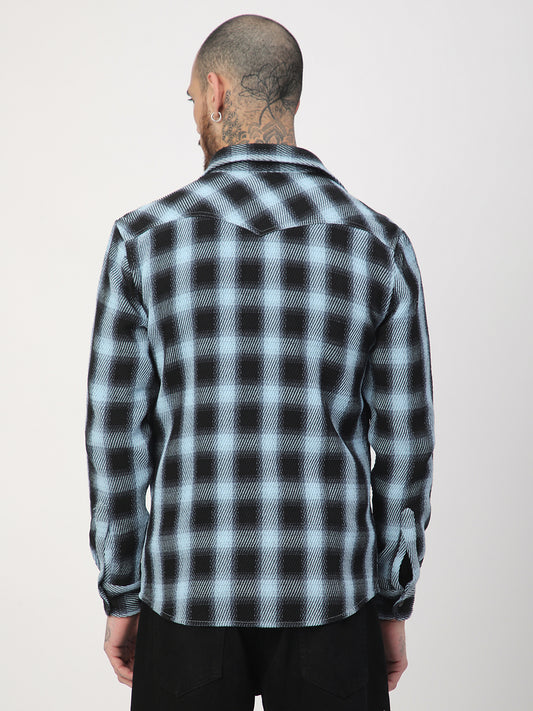 Black & Ice Blue Heavy Twill Checks Double Pocket Shirt