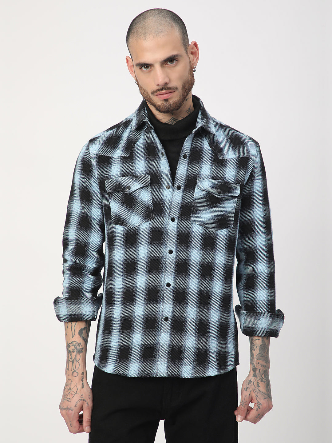 Black & Ice Blue Heavy Twill Checks Double Pocket Shirt