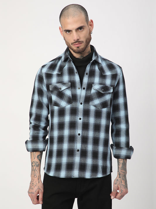 Black & Ice Blue Heavy Twill Checks Double Pocket Shirt