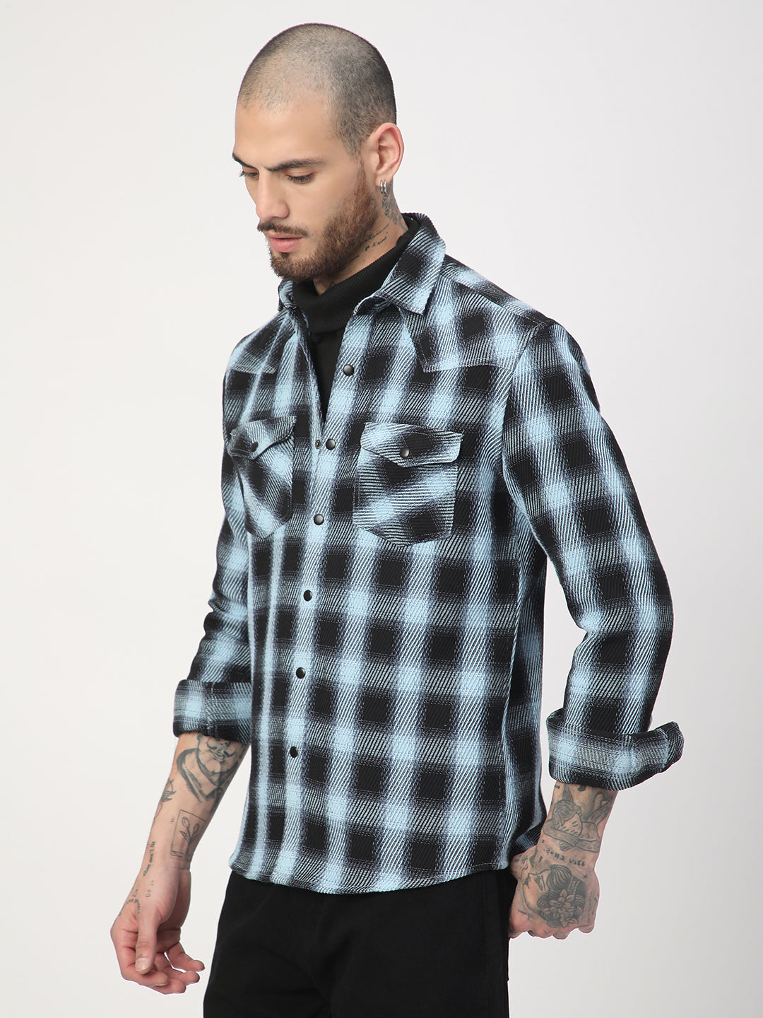 Black & Ice Blue Heavy Twill Checks Double Pocket Shirt