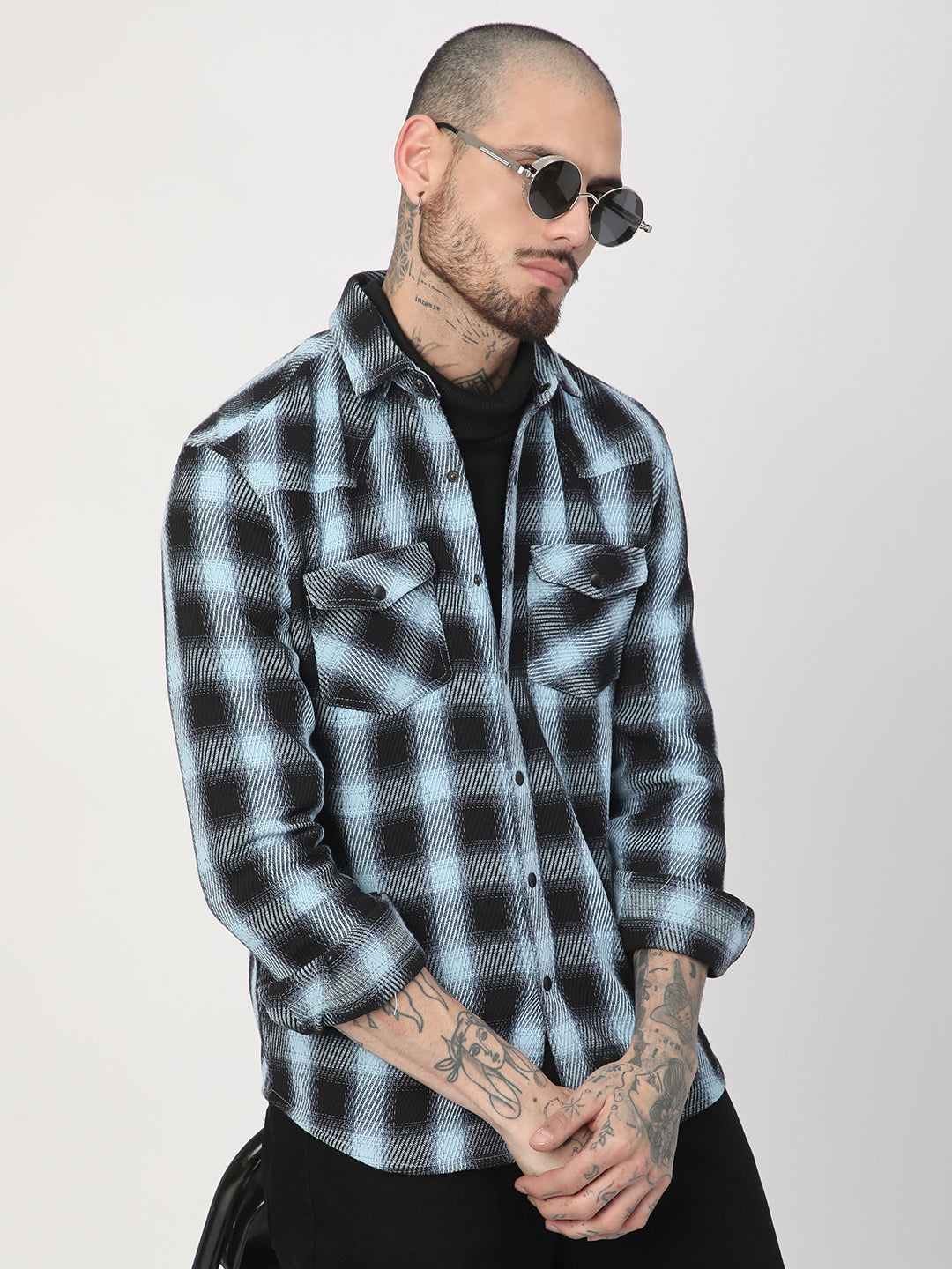 Black & Ice Blue Heavy Twill Checks Double Pocket Shirt
