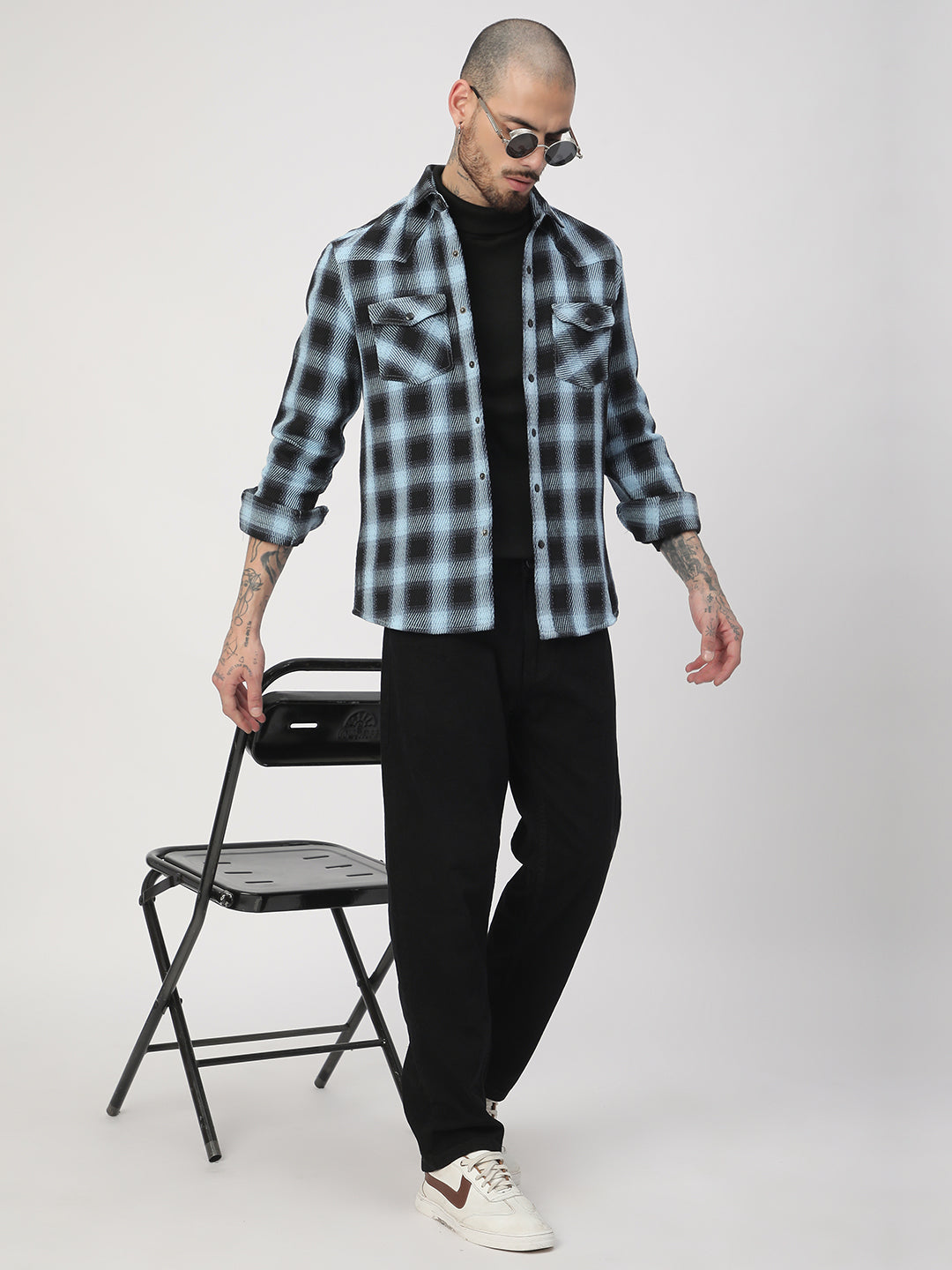 Black & Ice Blue Heavy Twill Checks Double Pocket Shirt