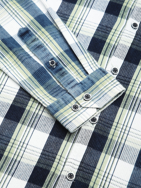 Tea Green & Navy Plaid Checks Corduroy Shirt