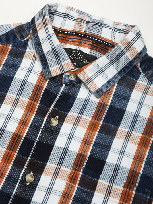 Denim Orange & Navy Plaid Checks Shirt