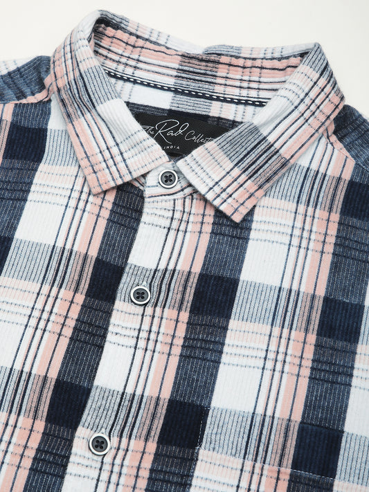 Denim Peach & Navy Plaid Checks Shirt
