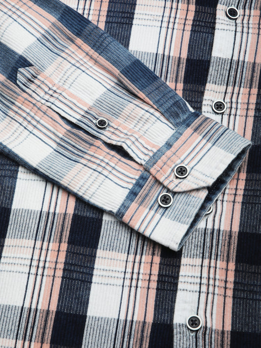 Denim Peach & Navy Plaid Checks Shirt