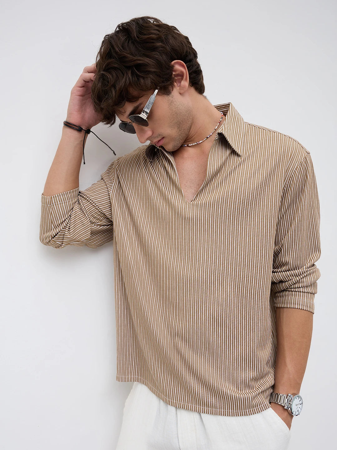 Signature Chocolate Ivory Rib Striped Oversized Polo Shirt