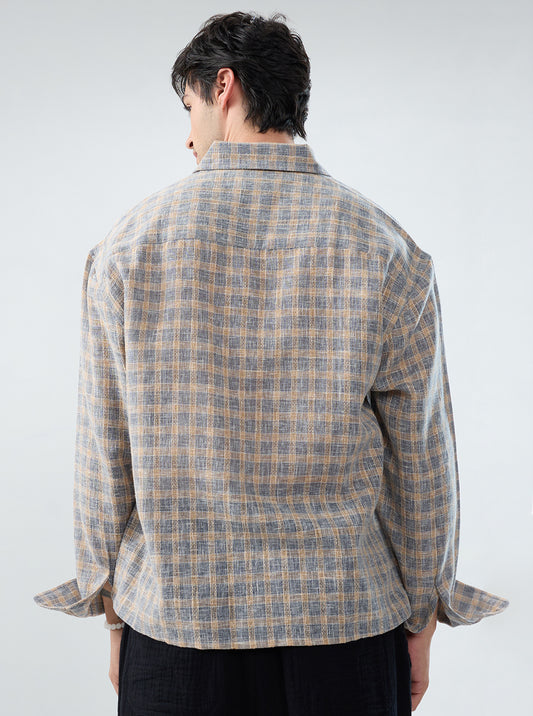 Fossil Grey Window Checks Linen Blend Boxy Fit Crop Shirt