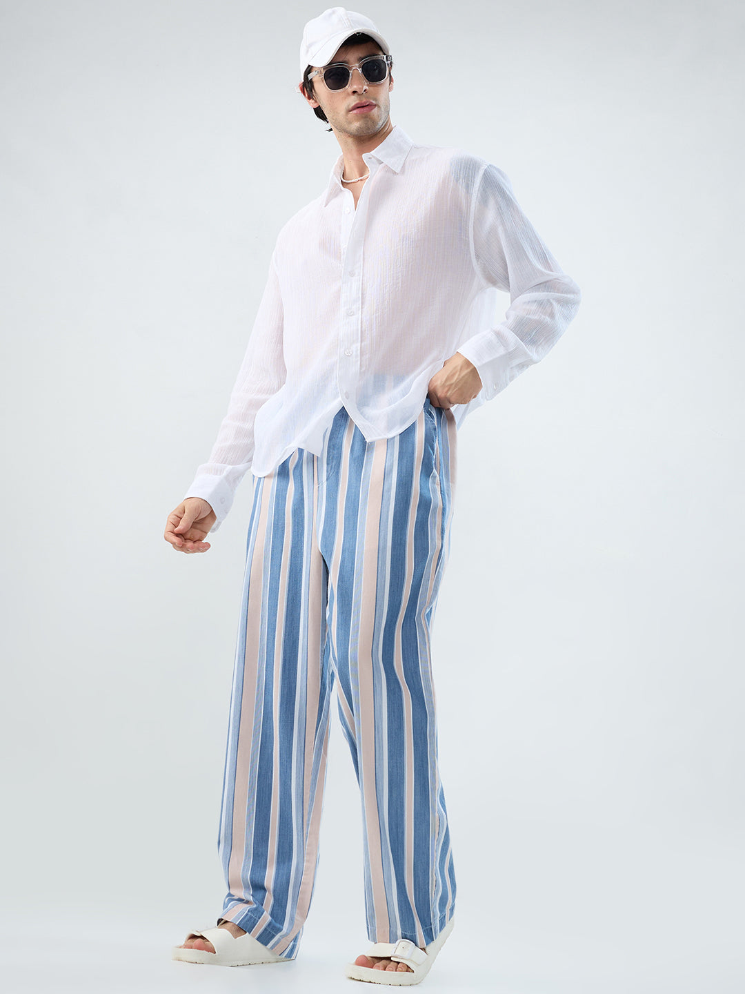 Multi-Tone Denim Striped Straight Fit Trousers