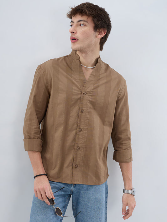 Bark Brown Panel Textured Stand Collar Oversized Shirt