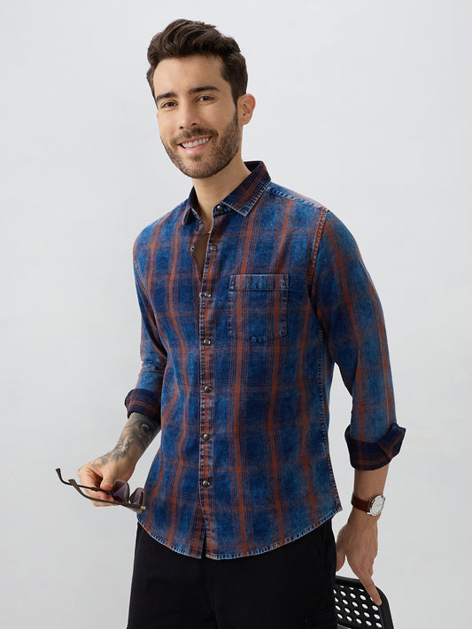 Versatile Navy & Copper Denim Plaid Checks Shirt