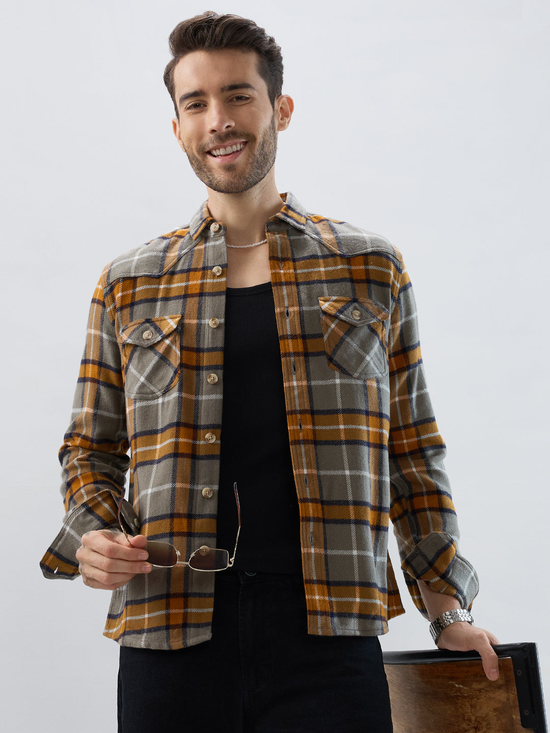 Mustard & Grey Tartan Checked Double Pocket Flannel