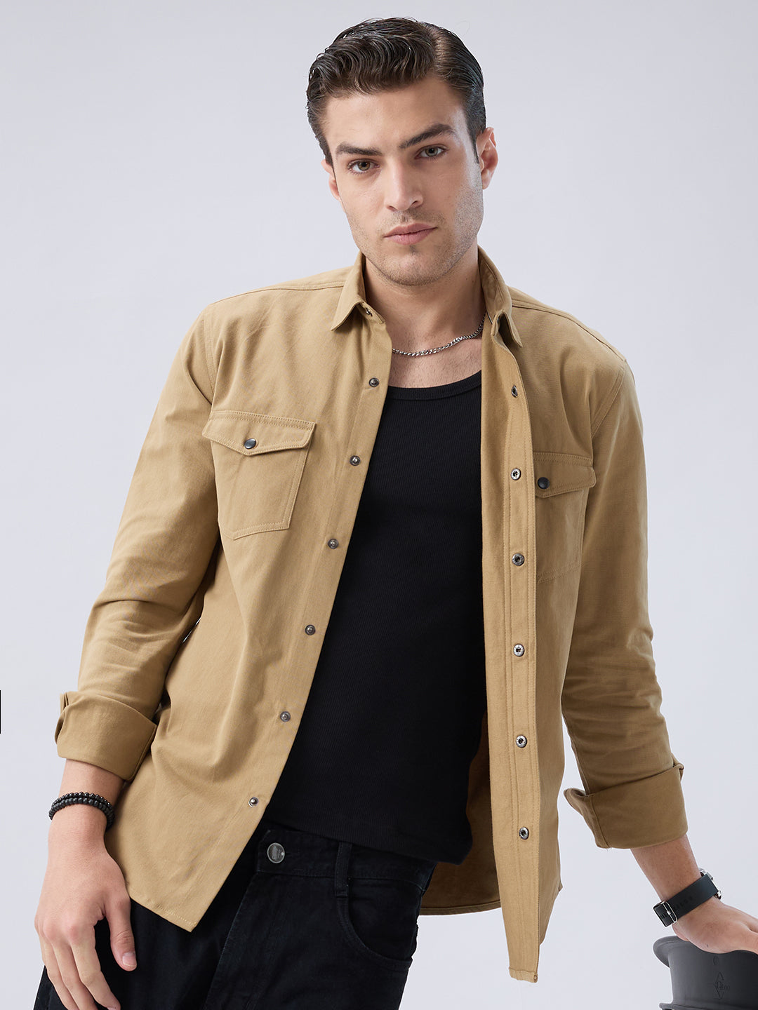 Elegant Khaki Voyager Twin Flap Pocket Overshirt