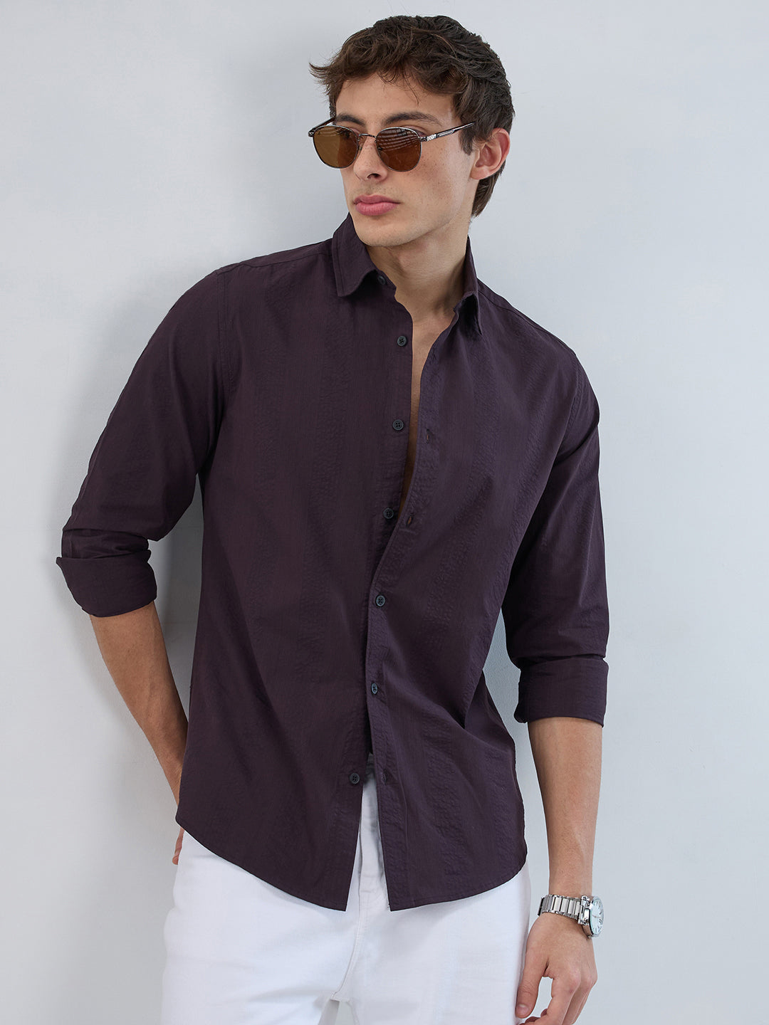 Deep Wine Striped Seersucker Shirt