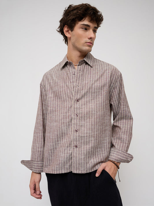 Brown & Ivory Striped Boxy Fit Crop Shirt