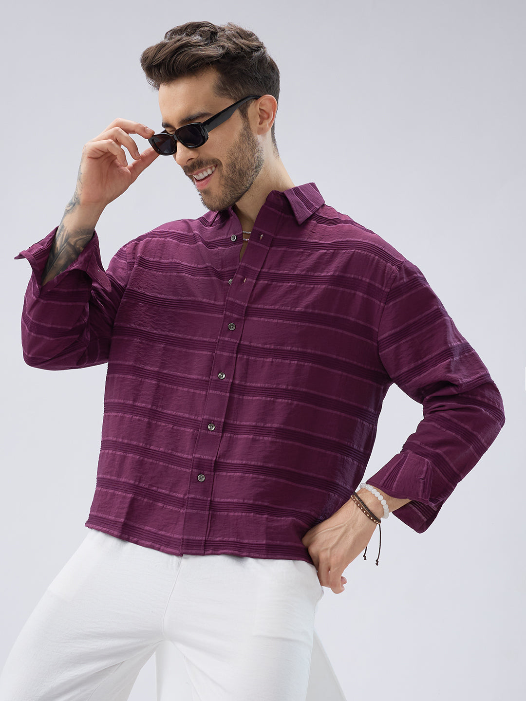 Crushed Wine Textured Oversized Boxy Fit Crop Shirt