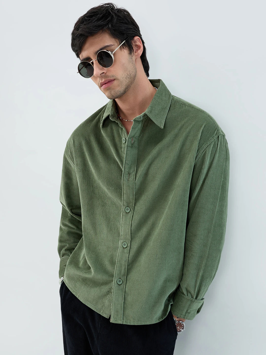 Pickle Green Corduroy Boxy Fit Crop Shirt