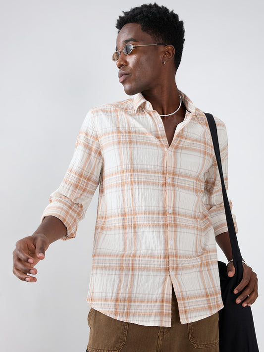 White & Brown Plaid Checks Crinkled Shirt