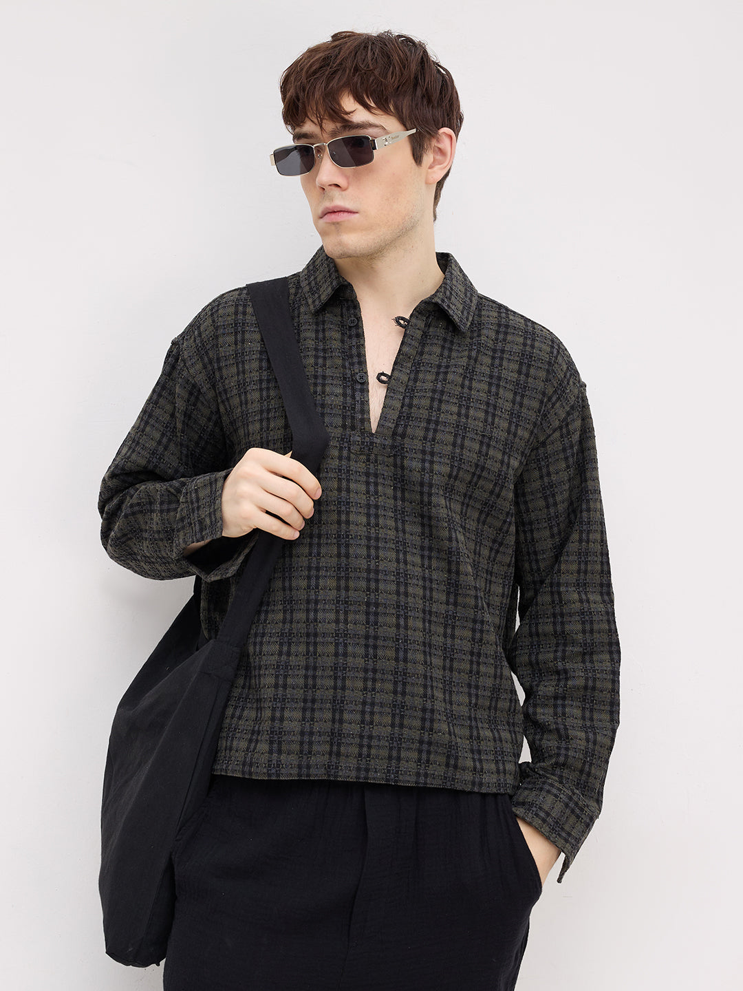Refined Onyx Black Diamond Weave Loop Button Oversized Flannel Shirt