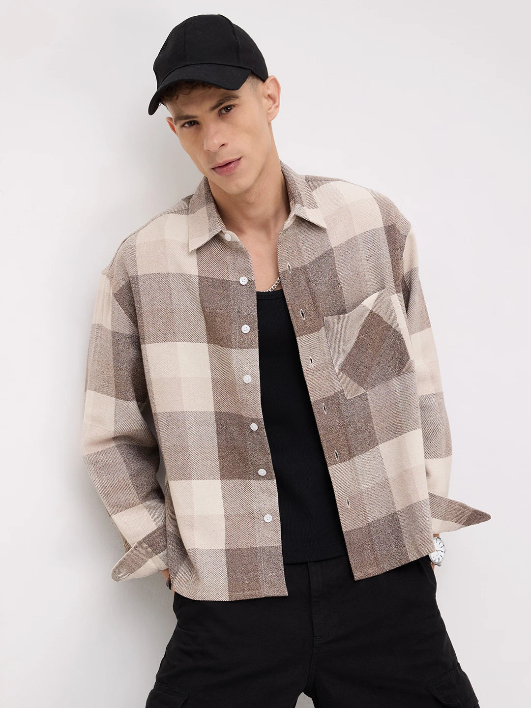 Beige & Brown Square Flannel Checks Boxy Fit Crop Shirt