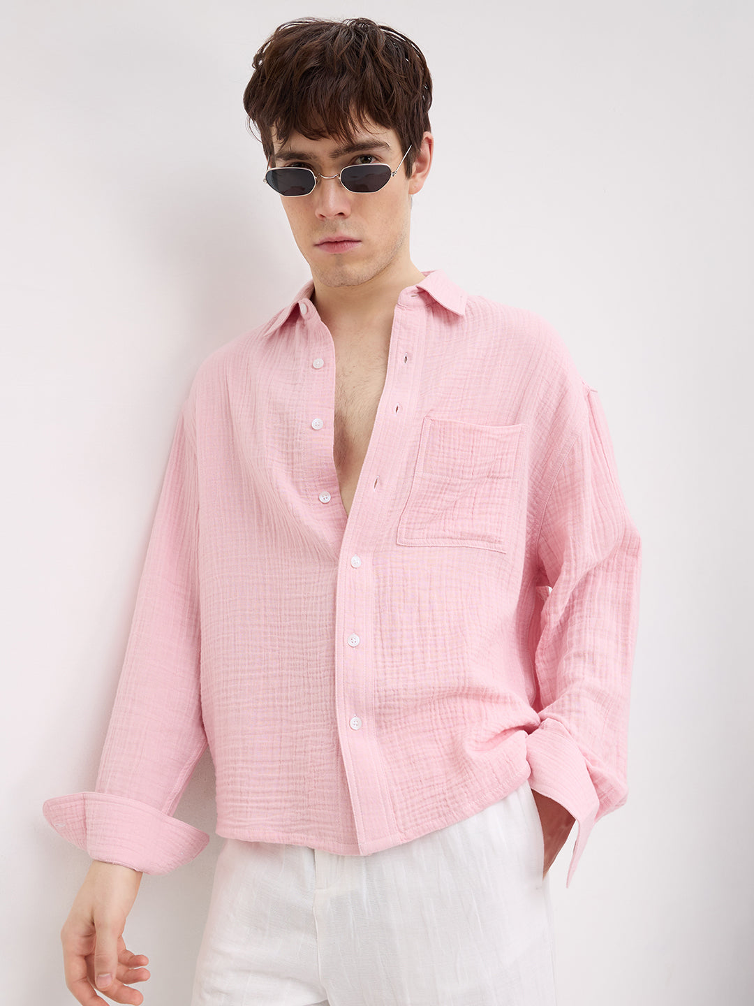 Charming Pastel Pink Double Cloth Boxy Fit Crop Shirt