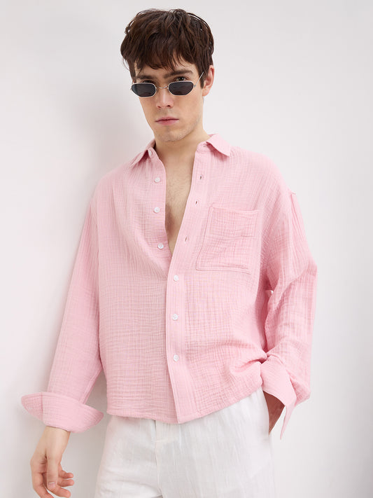 Charming Pastel Pink Double Cloth Boxy Fit Crop Shirt