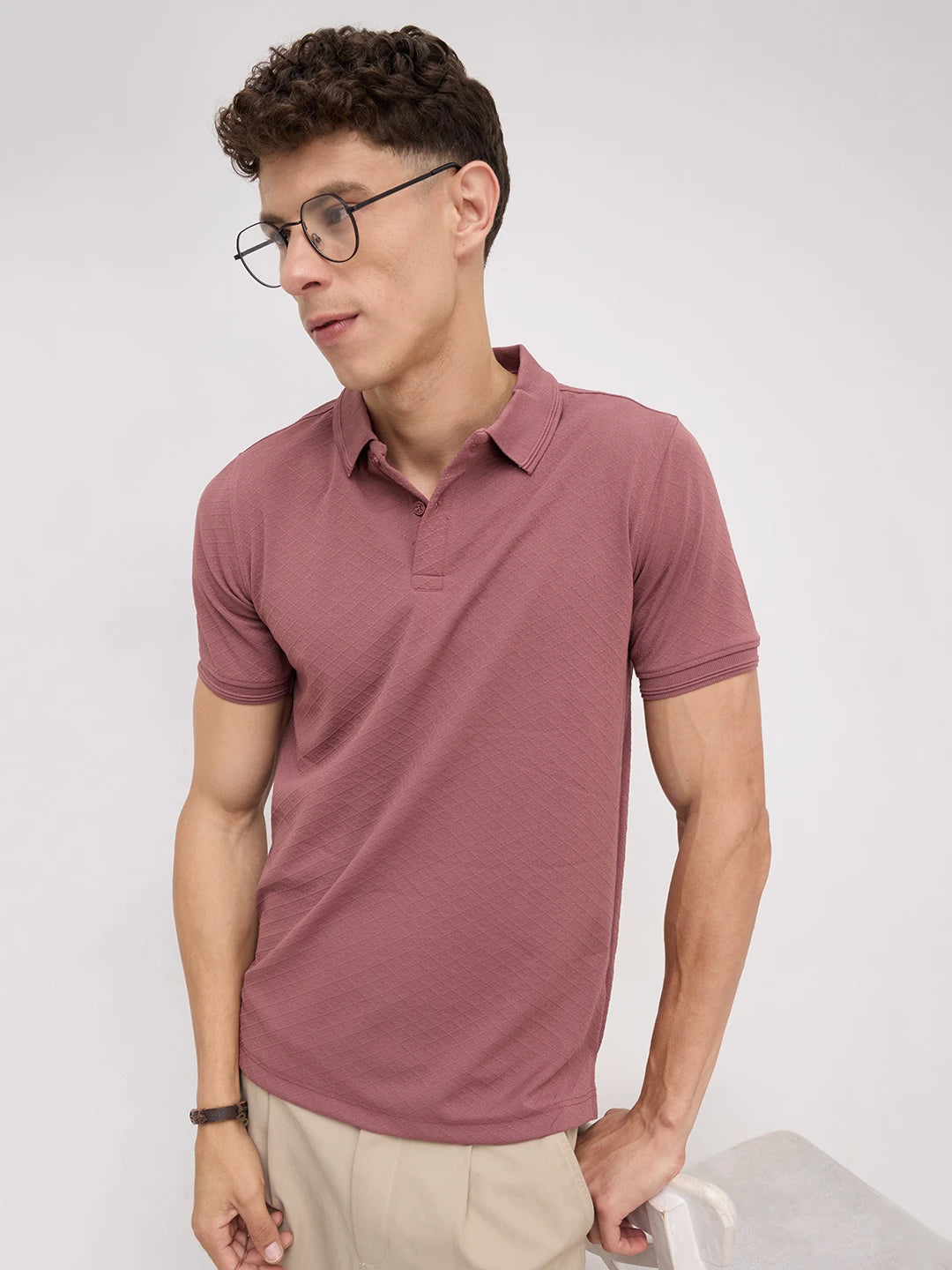 Dusty Rose Diamond Weave Polo Knit T-Shirt