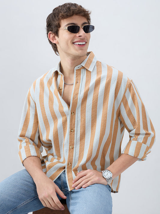 Orange & Blue Seersucker Awning Stripe Boxy Fit Crop Shirt