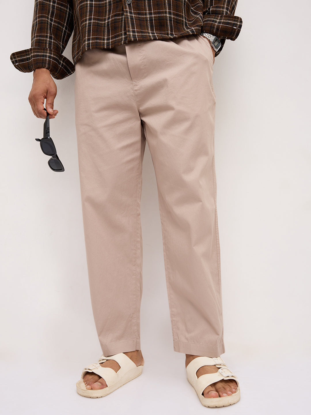 Solid Sand Beige Tapered Trousers