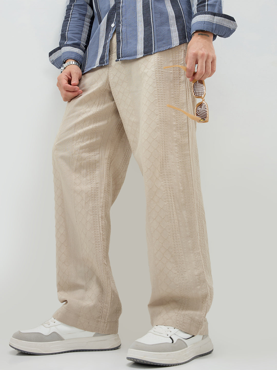 Sand Beige Waffle Textured Straight-Fit Trousers