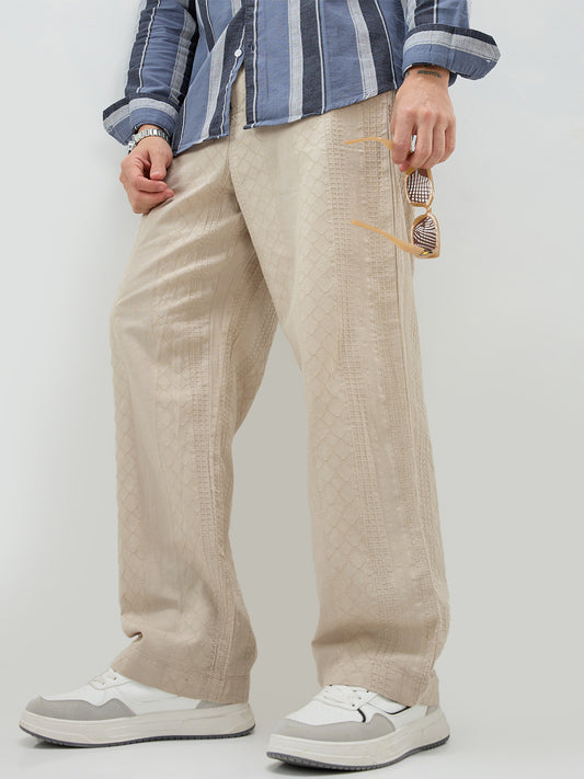 Sand Beige Waffle Textured Straight-Fit Trousers