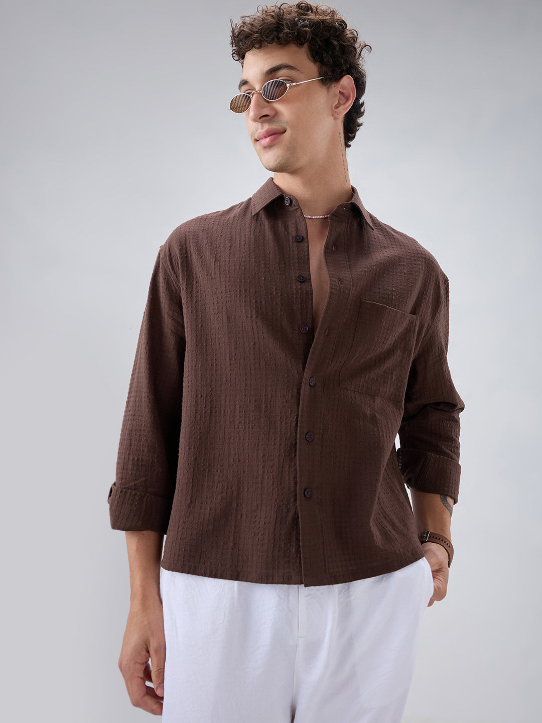 Chocolate Brown Micro Box Textured Boxy Fit Crop Shirt